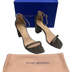 Stuart Weitzman Amelina Ankle Strap Block Heel Sandals Gold Glitter Black Sz 8.5